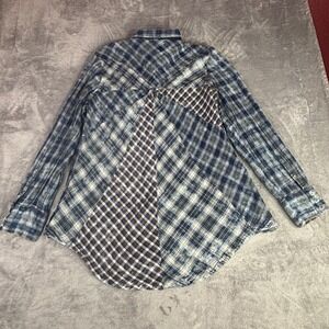 Ryan Michael Plaid Western Shirt Womens XL Blue Patchwork Acid Wash Snap‎ Front